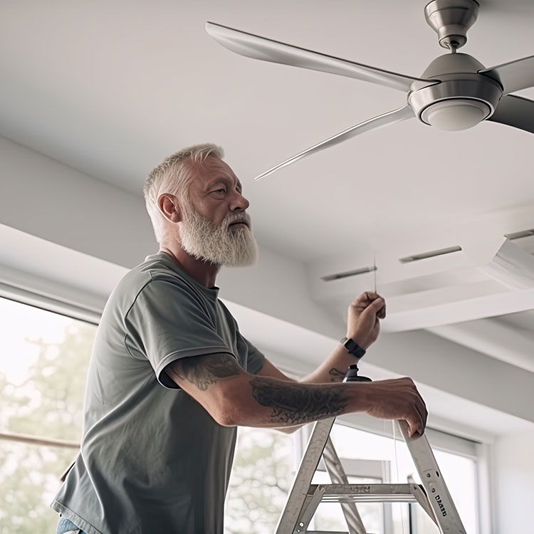 Picture of a ceiling fan being installed by a handyman.